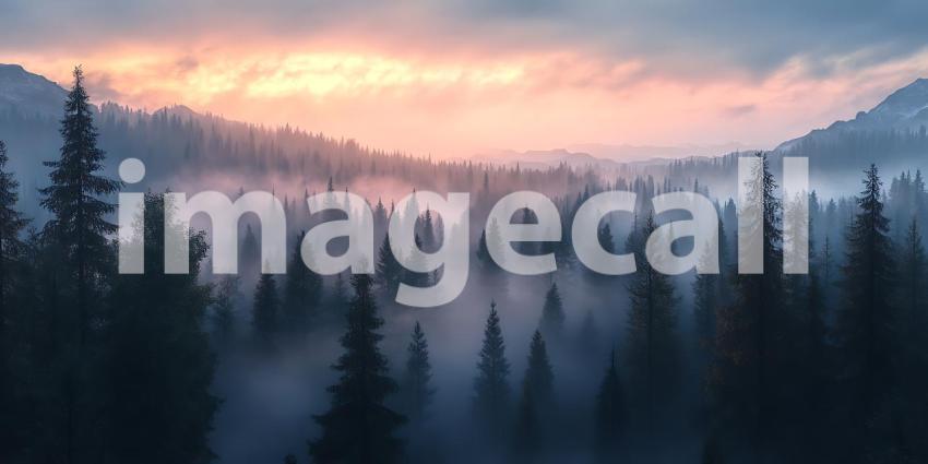 Misty Mountain Sunrise Epic Scenic View of Evergreen Forest at D