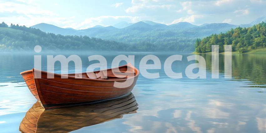 Serene Lake Scene Wooden Rowboat on Calm Water with Misty Mounta