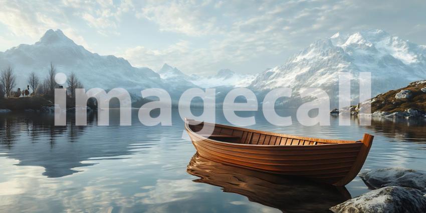 Epic Mountain Lake Scene Wooden Rowboat on Serene Waters