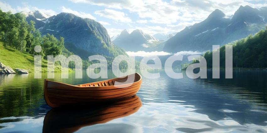 Serene Lake Landscape Wooden Rowboat in Mountain Scenery