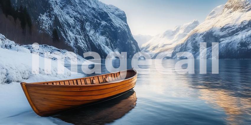 Winter Wonderland Norwegian Fjord Boat in Snowy Mountains  Panor