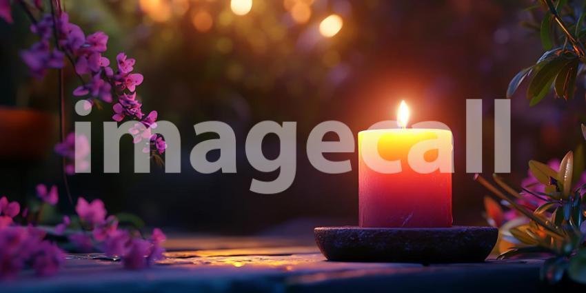 Burning Candle with Purple Flowers Nighttime Ambiance Photograph