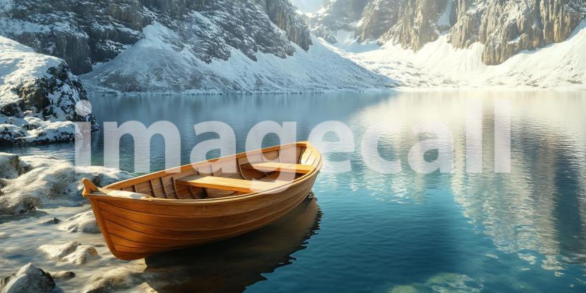 Wooden Rowboat on Glacial Lake Serenity Nature and Watercraft Ph