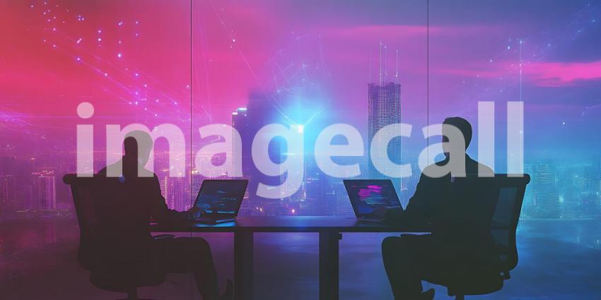 Futuristic Cyberpunk Scene Two Silhouettes Witnessing a Cosmic E