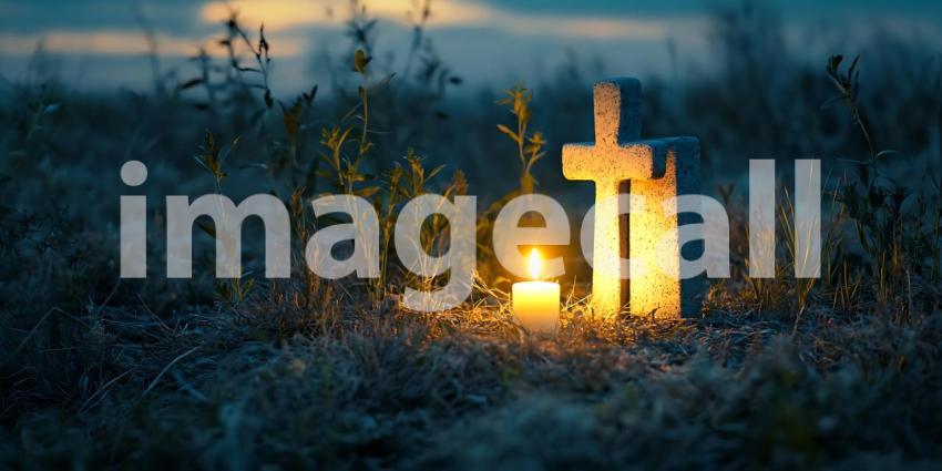 Evening Remembrance A Lit Candle by a Cross in a Field