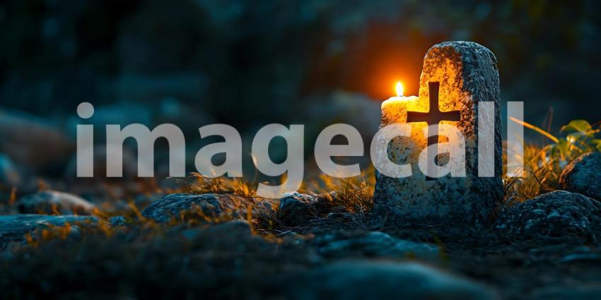 Captivating Night Scene A Glowing Candle Illuminates a Cross at