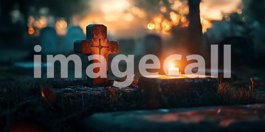 Grave Cross at Dusk Cemetery Scene with Candlelight Remembrance
