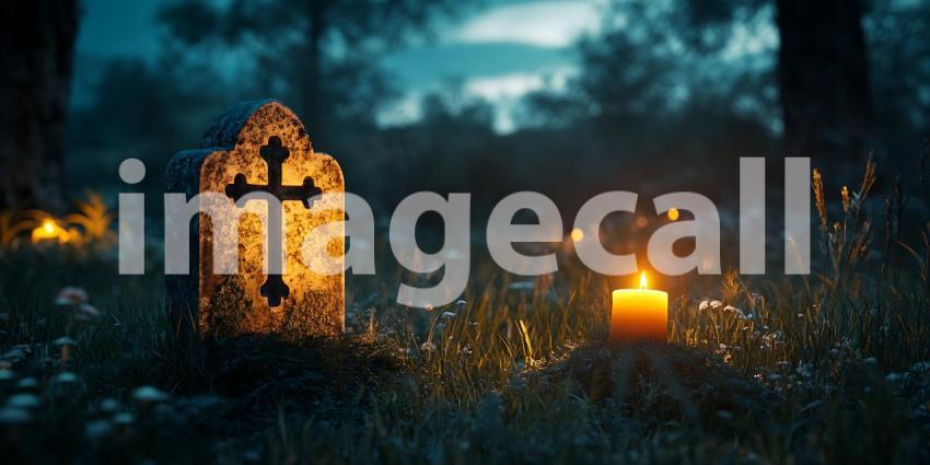 Eerie Cemetery Scene A Moody Graveyard at Night with Glowing Can