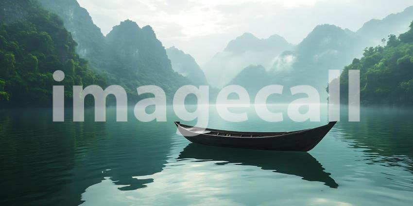 Serene Landscape Boat on Calm Water Surrounded by Misty Mountain
