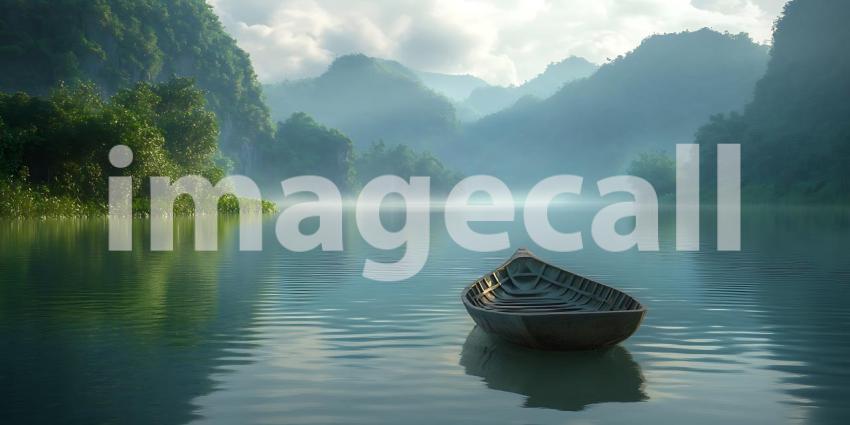 Serene Lakeside Vista Misty Mountains  Tranquil Boat Scene  Pict