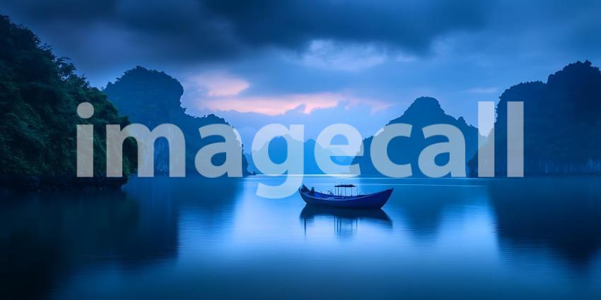 Serene Blue Lagoon Boat at Dawn Misty Mountains Tranquil Waters