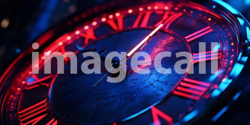 Neon Clock Face Abstract Timepiece Design  Vivid Red and Blue Li
