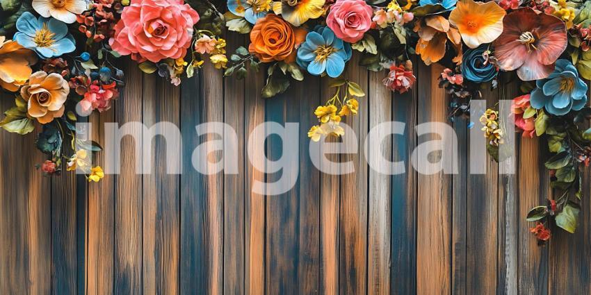 Rustic Wooden Fence Background with Vibrant Floral Arrangement P
