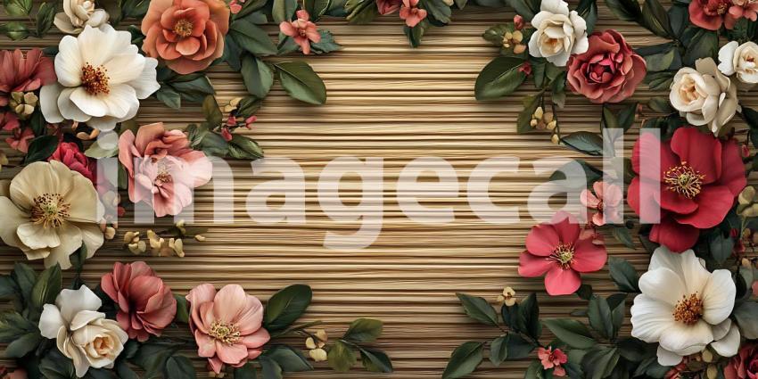 Rustic Wooden Background with Vibrant Floral Border Perfect for
