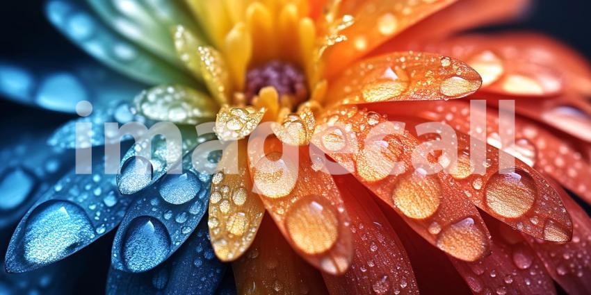 Vibrant Rainbow Flower with Dew Drops Macro Photography of Natur