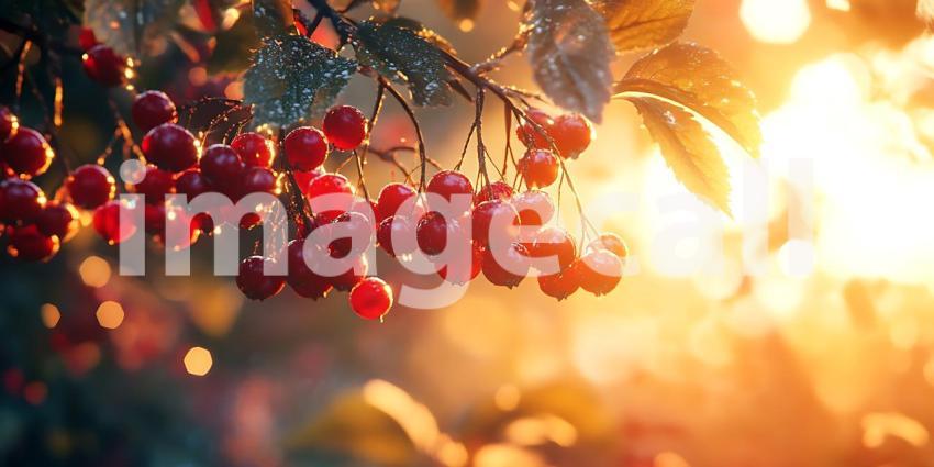 Vibrant Autumn Berries Sunset Backlit Red Clusters on Branch