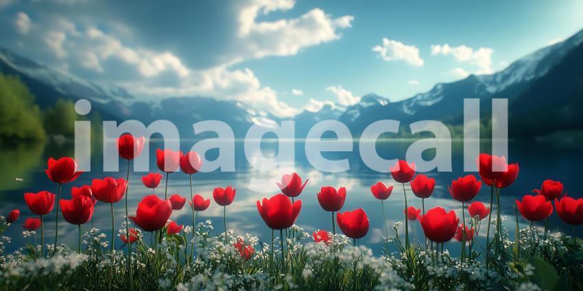 Red Tulips Lakeside Mountain Scenery Breathtaking Alpine Landsca