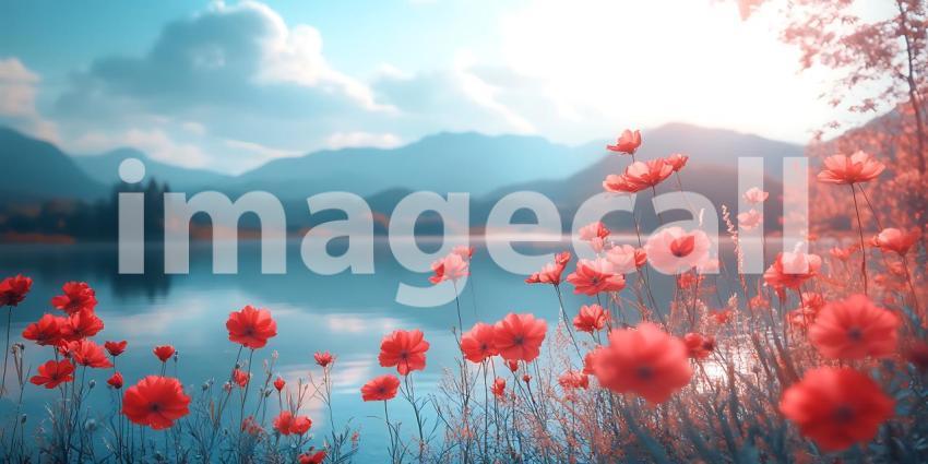 Serene Lake Landscape Red Poppies Misty Mountains and Calm Water