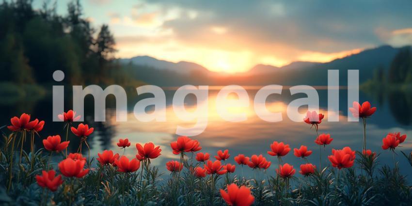 Stunning Sunset Lake Landscape Vibrant Red Flowers Serene Waters