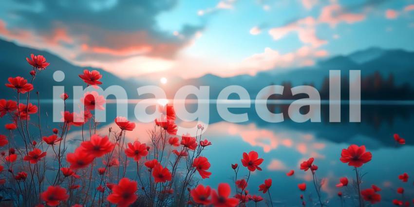 Stunning Lake Sunrise Vibrant Poppies  Majestic Mountains