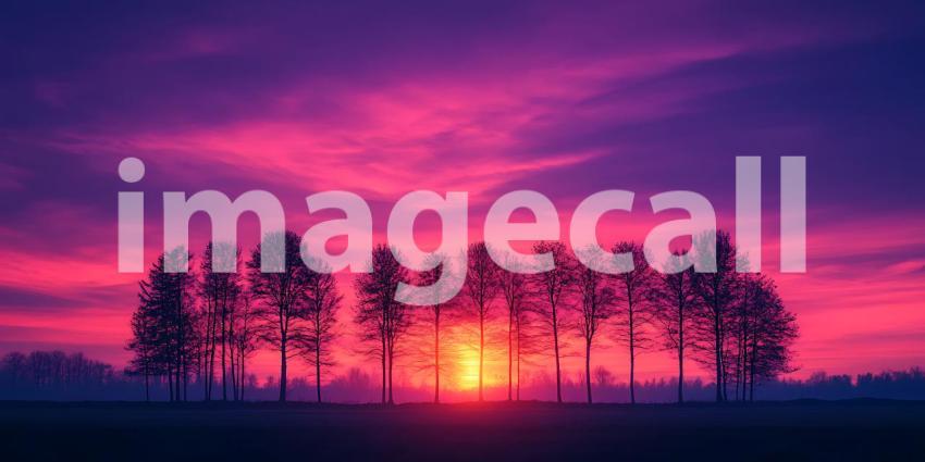 Vibrant Sunset Landscape Pink  Purple Sky Silhouetted Trees Scen