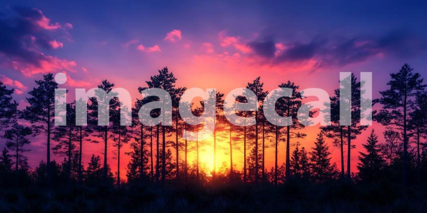 Vibrant Sunset Landscape Silhouetted Pine Trees Against a Colorf