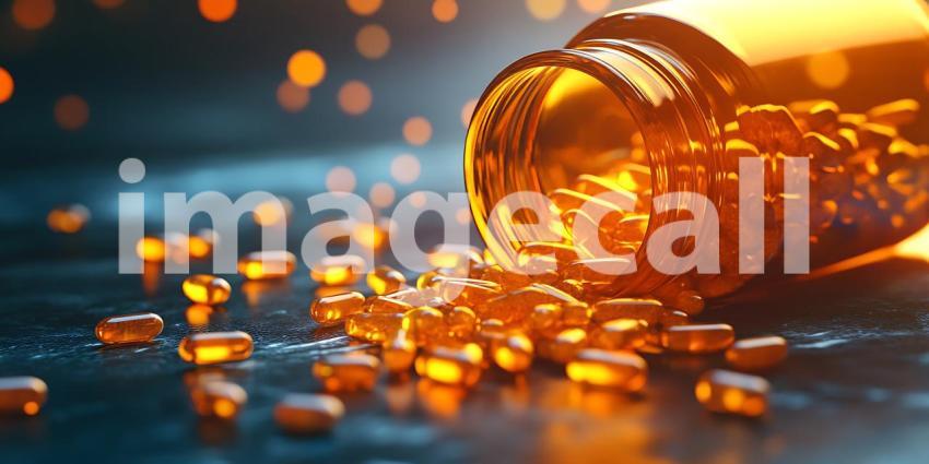 Amber Glass Bottle Spilling Capsules Pharmaceutical Product Phot