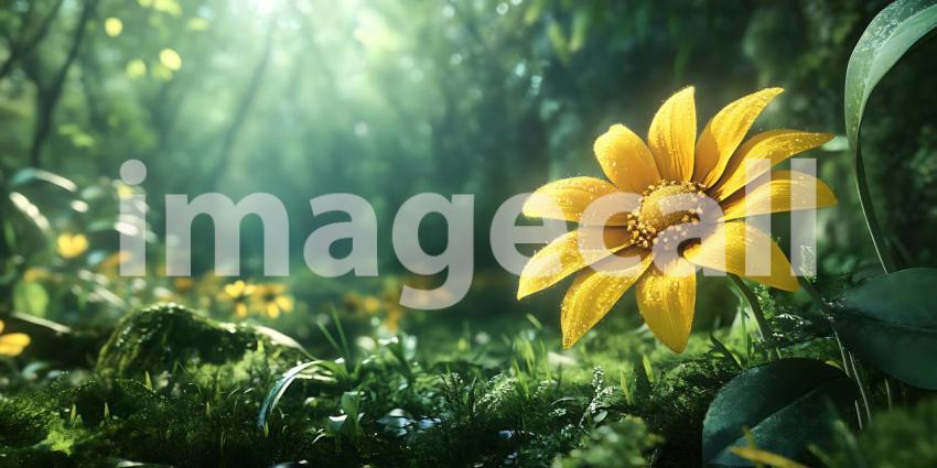 Luminous Yellow Flower in SunDappled Forest A Magical Nature Sce