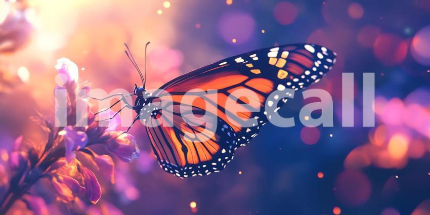 Monarch Butterfly in Flight Vibrant Wings Against a Dreamlike Pu