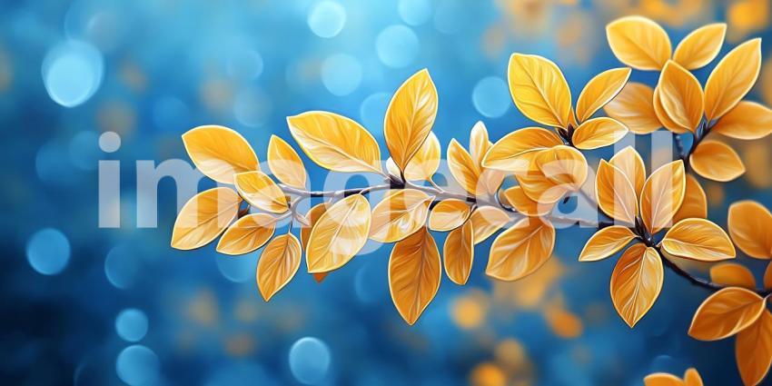 Autumn Branch Golden Leaves against a Blue Bokeh Background  Sea