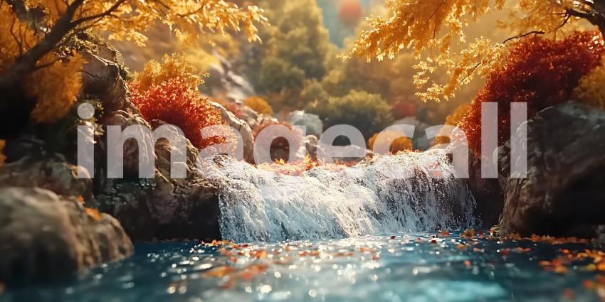 Autumn Waterfall Serene Nature Scene for Backgrounds and Designs
