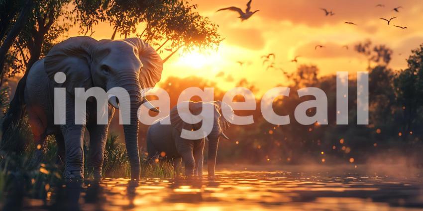 Majestic Elephants at Sunset African Wildlife Painting