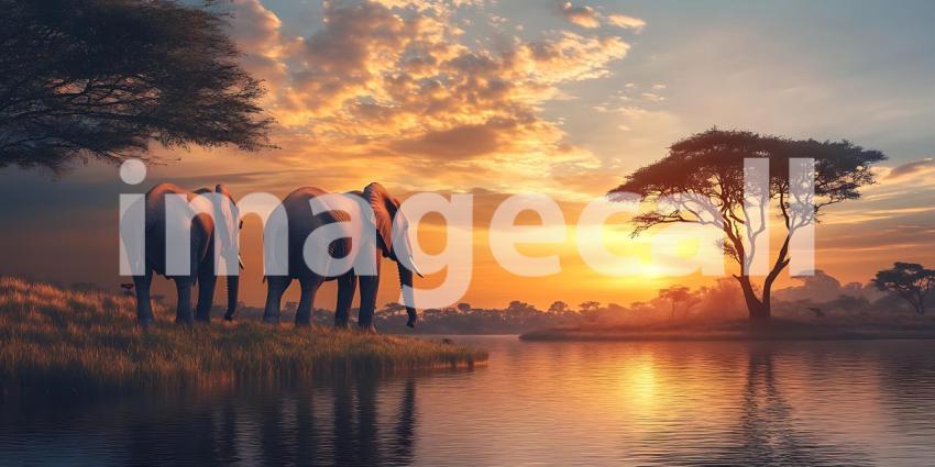 African Safari Sunset Elephants at Golden Hour  Wildlife Photogr