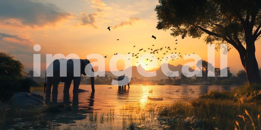 Majestic Elephants at Sunset Serene African Savanna Landscape