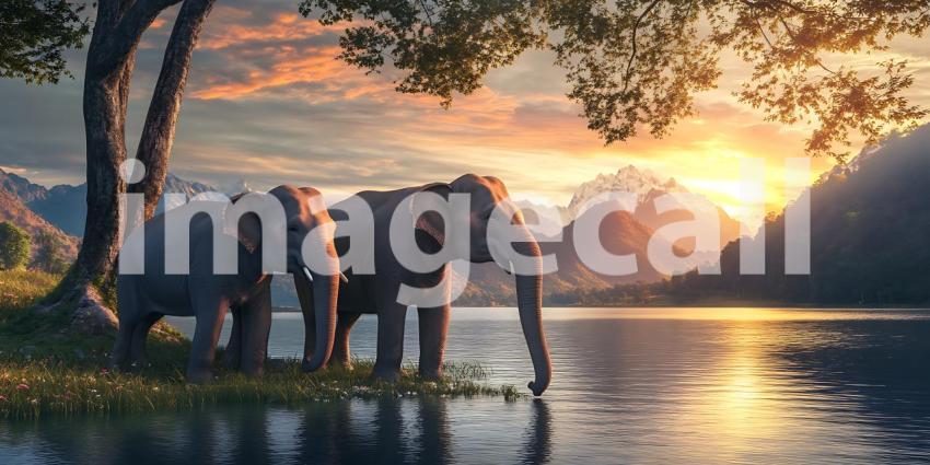 Majestic Elephants at Sunset Serene Lakeside Scene in Asian Land