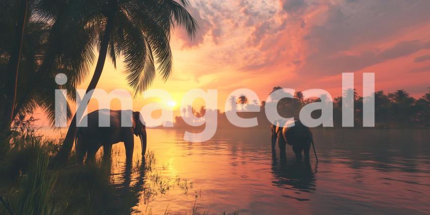 Majestic Elephants at Sunset A Serene River Scene