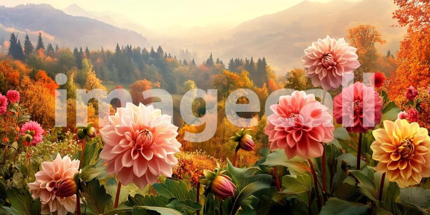 Autumnal Dahlia Delight Breathtaking Mountain Meadow Panorama