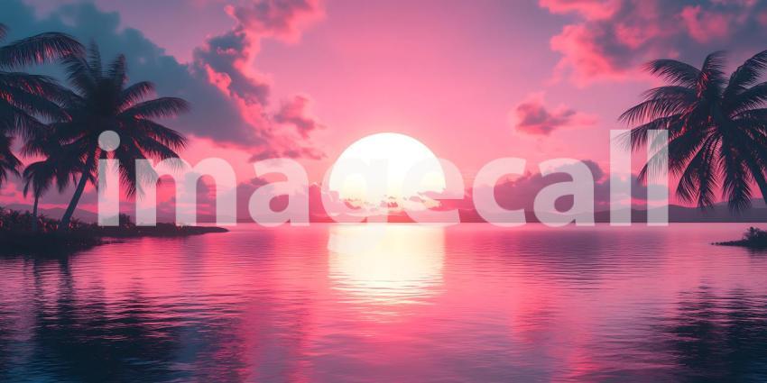 Pink Sunset Paradise Tropical Beach Scene with Palm Trees and Ca
