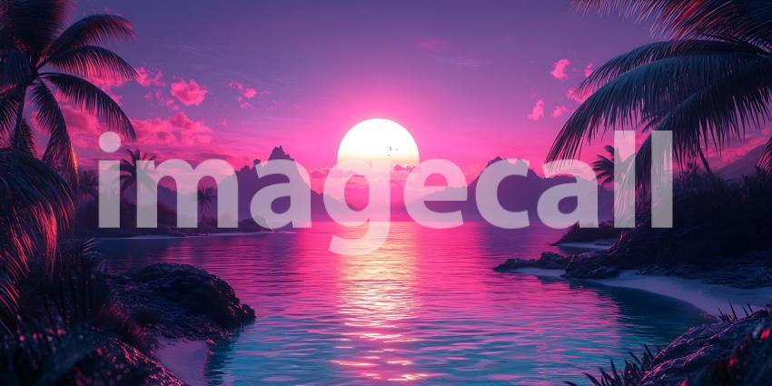 Pink Sunset Paradise Tropical Landscape Artwork for Design Inspi