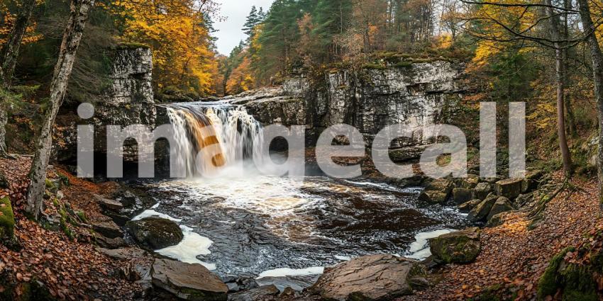 Autumn Waterfall Scenic Cascade in Vibrant Fall Foliage  Nature