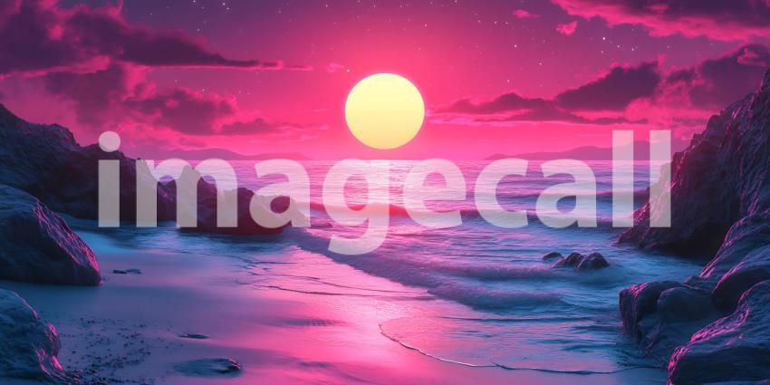 Pink Sunset Beach Scene Vibrant Ocean Waves Coastal Rocks and a