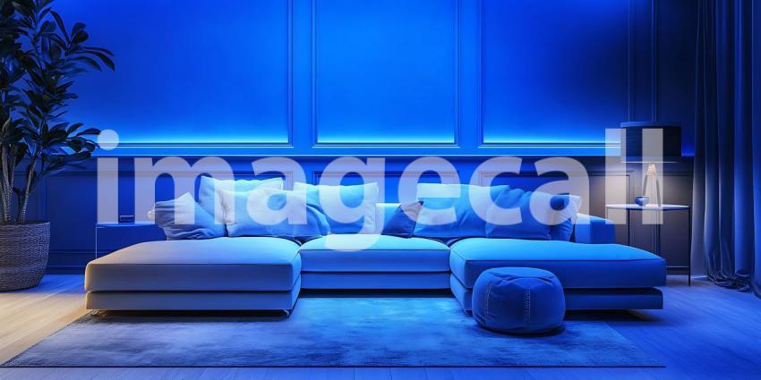Serene Blue Living Room Ambient Lighting and Modern Sectional