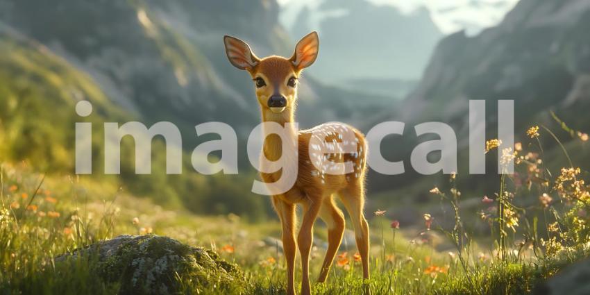 Majestic Young Deer in Mountain Meadow A Stunning Wildlife Photo