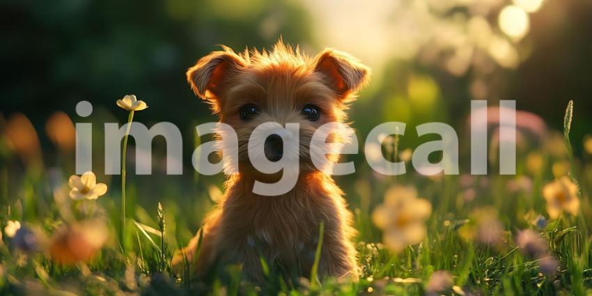 Golden Hour Puppy A Charming Canine in a Meadow of Blossoms