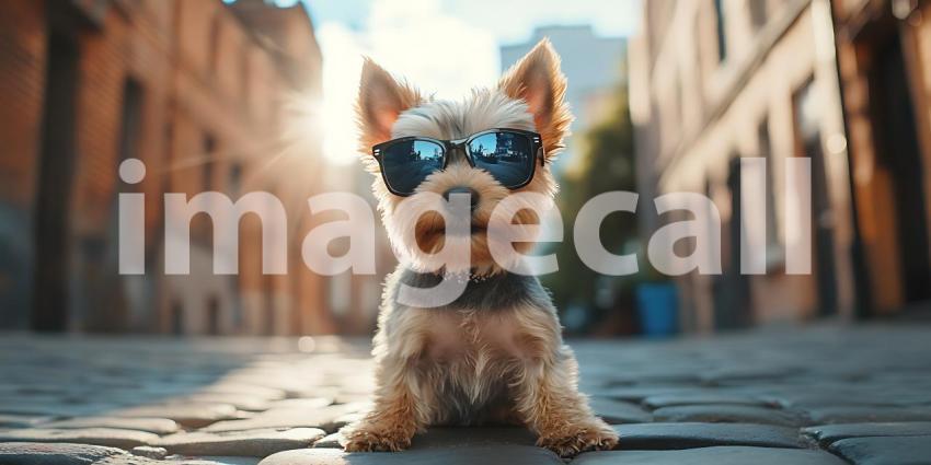 Cool Dog in City Yorkshire Terrier Wearing Sunglasses
