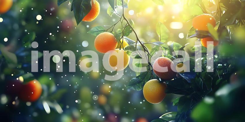 Vibrant Orchard Sunlit Fruit Trees Ripe Plums  Apricots