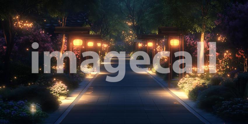 Enchanted Night Path Magical LanternLit Lane Glowing Plants Sere