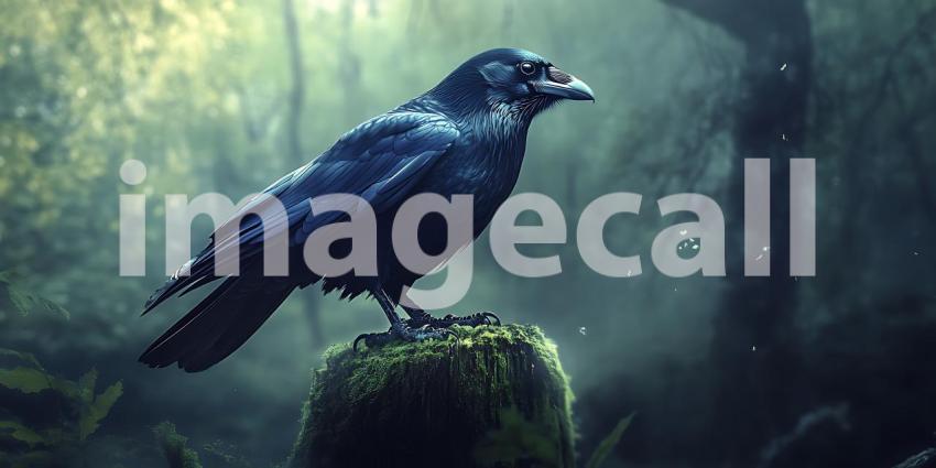 Majestic Raven in Mystical Forest Eerie Beauty  Dark Fantasy Art