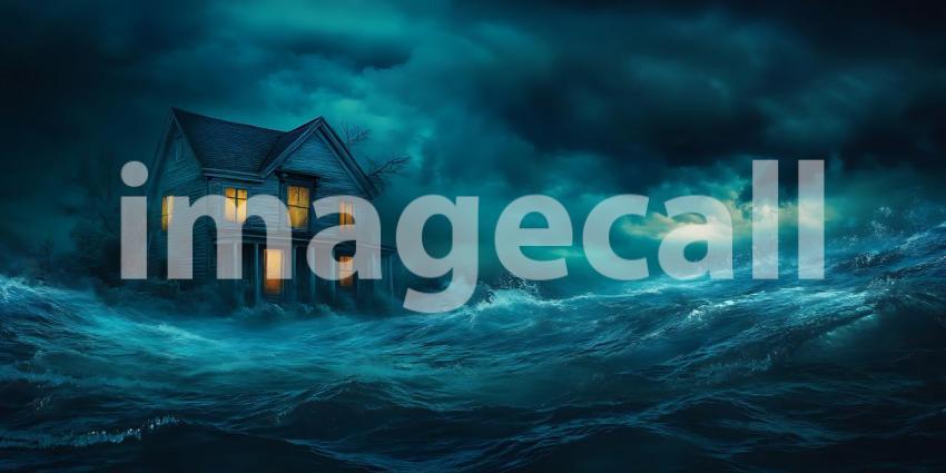 Eerie Night Scene Mysterious House in a Dark Luminescent Landsca