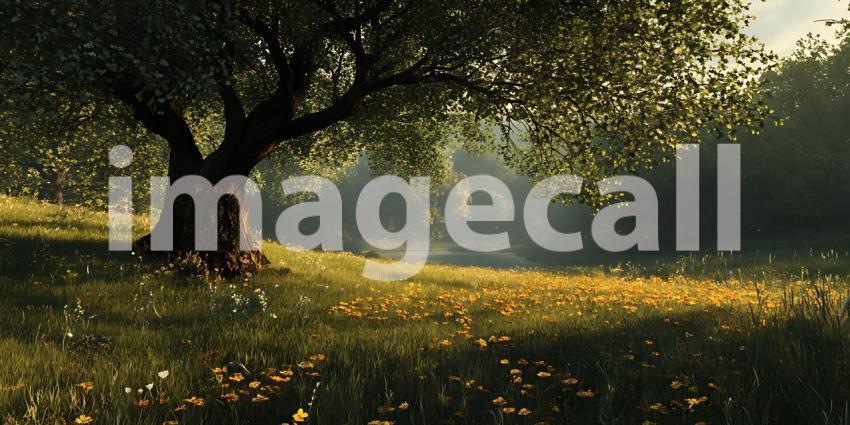 Majestic Tree in Sunlit Meadow A Serene Nature Photograph